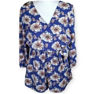 ONE CLOTHING BLUE W/PINK & WHITE FLORAL ROMPER LONG SLEEVES SZ.M EUC.